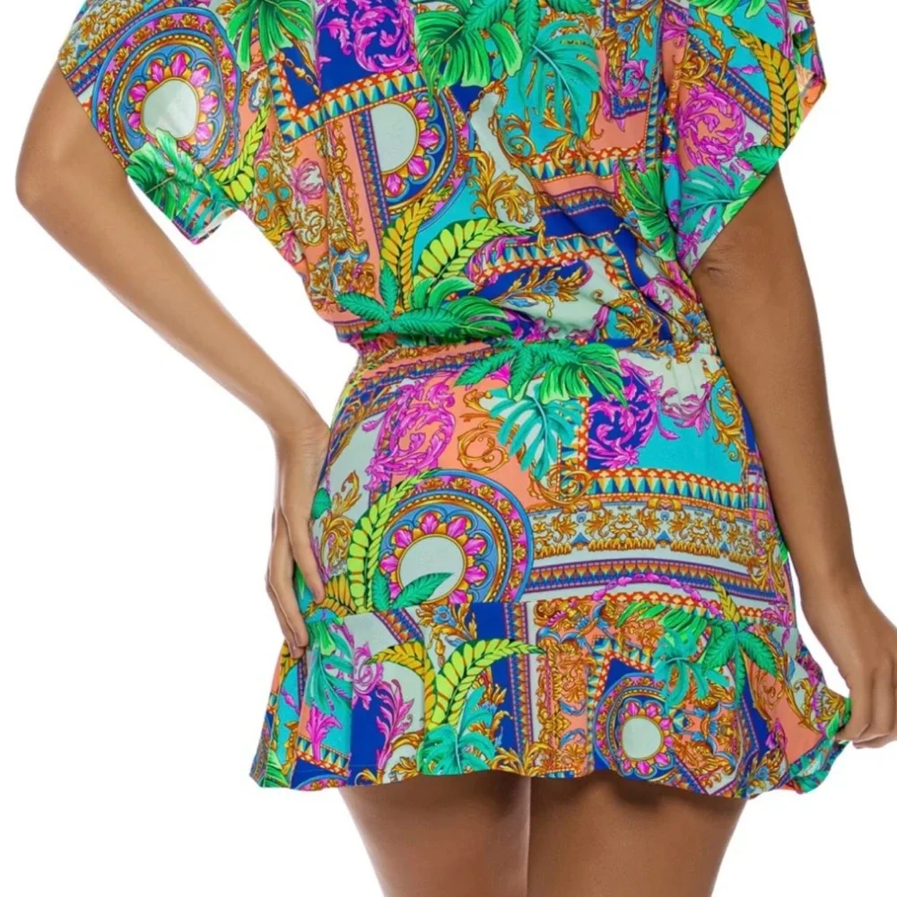 NWT Lulu Fama -Orange and Green Plunge Neck Flutter Sleeve Sundress - Picture 4 of 9